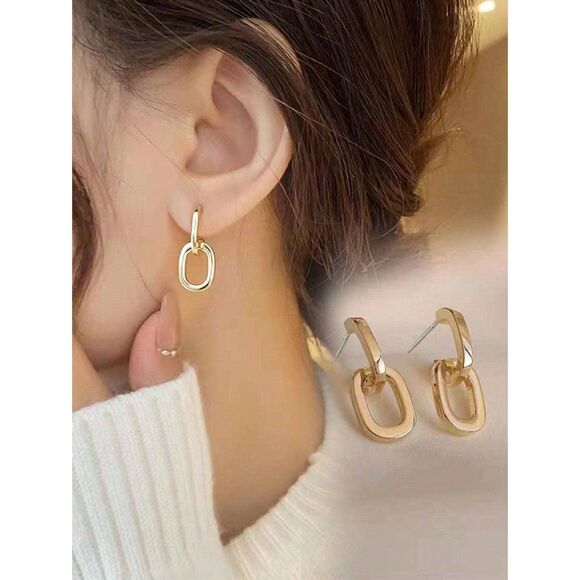 Gold Chain Design Chunky Drop Earrings Dangle Oval Link Modern Trendy Classic - Picture 2 of 3